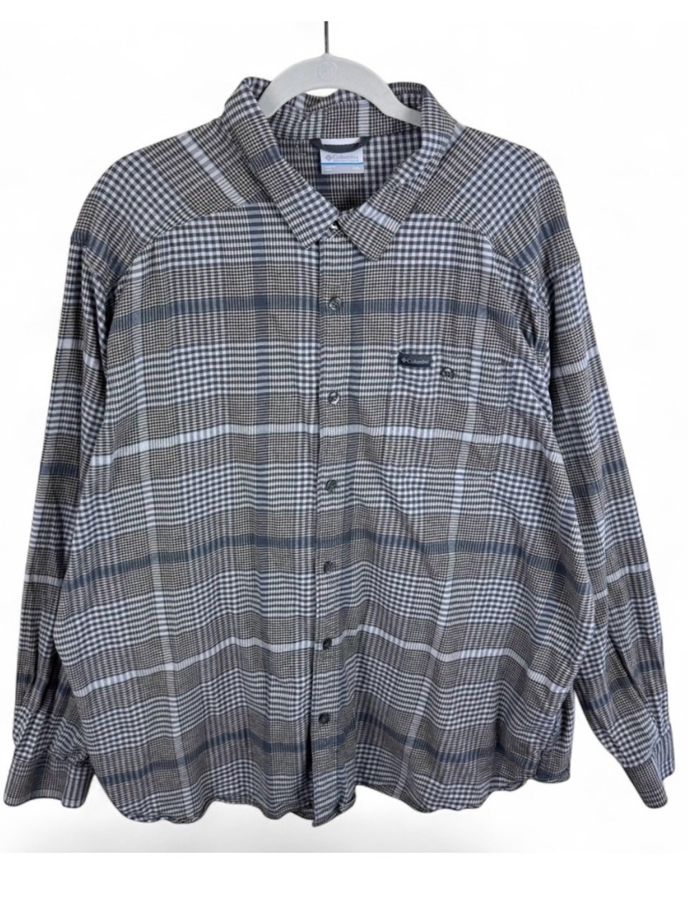 Columbia Mens XXL Grey Brown Plaid Long Sleeve Flannel Button Down Shirt Stretch